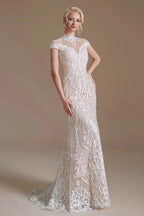 Vintage Long Mermaid High-neck Lace Wedding Dress with sleeves by BIZTUNNEL