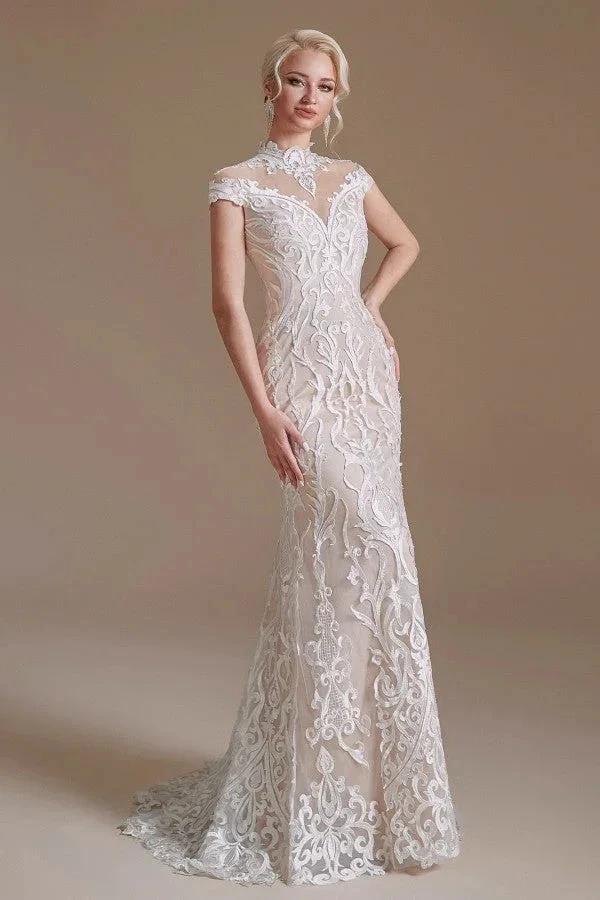 Vintage Long Mermaid High-neck Lace Wedding Dress with sleeves by BIZTUNNEL