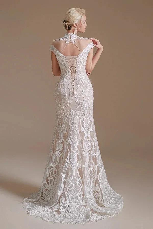 Vintage Long Mermaid High-neck Lace Wedding Dress with sleeves by BIZTUNNEL