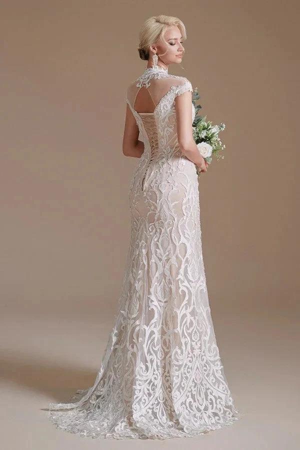 Vintage Long Mermaid High-neck Lace Wedding Dress with sleeves by BIZTUNNEL