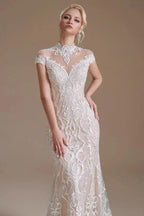 Vintage Long Mermaid High-neck Lace Wedding Dress with sleeves by BIZTUNNEL