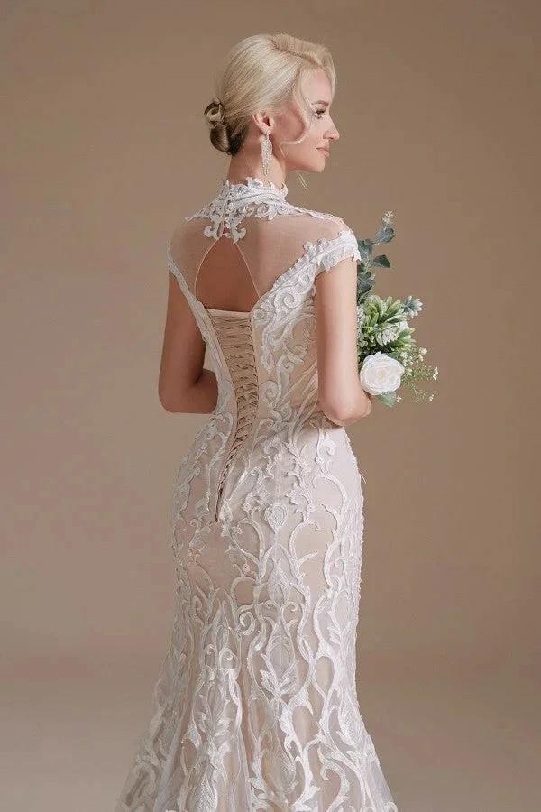 Vintage Long Mermaid High-neck Lace Wedding Dress with sleeves by BIZTUNNEL