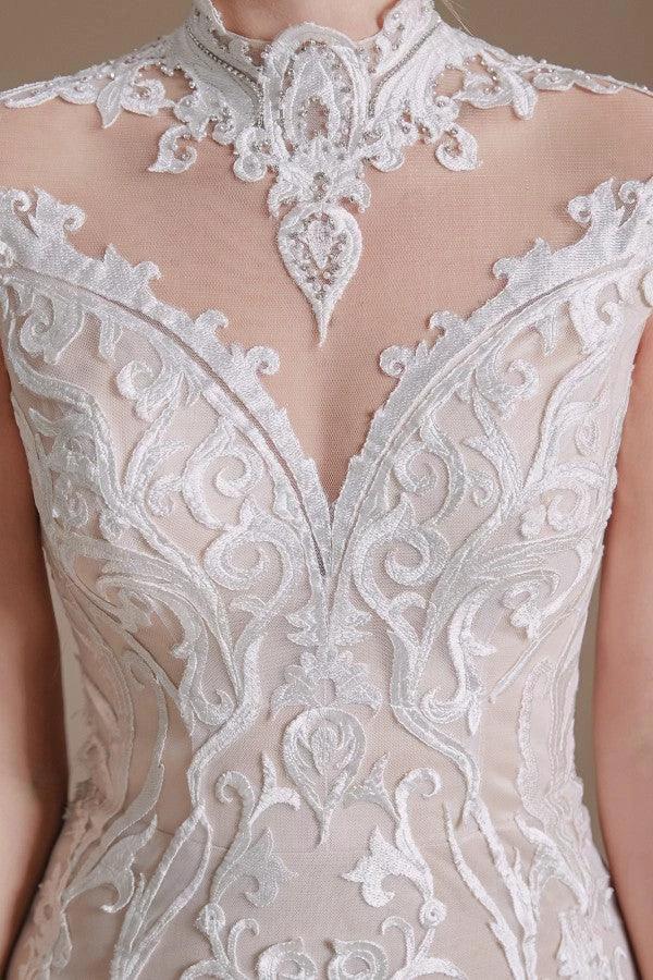 Vintage Long Mermaid High-neck Lace Wedding Dress with sleeves by BIZTUNNEL
