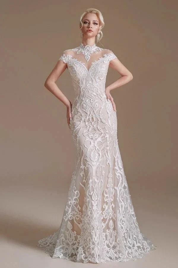Vintage Long Mermaid High-neck Lace Wedding Dress with sleeves by BIZTUNNEL