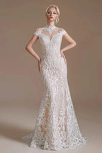 Vintage Long Mermaid High-neck Lace Wedding Dress with sleeves by BIZTUNNEL