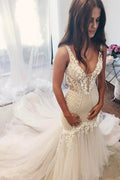 Vintage Long Mermaid V Neck Backless Tulle Wedding Dress by BIZTUNNEL