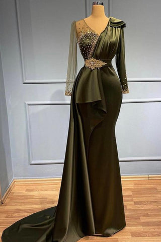Vestido de fiesta vintage de satén con escote en V, estilo sirena, con abalorios y mangas