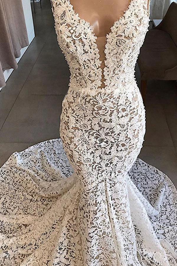 Vintage Long Mermaid V-neck Lace Backless Wedding Dresses by BIZTUNNEL
