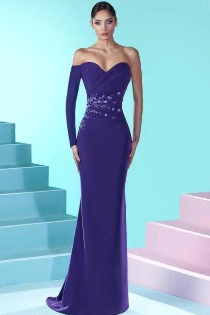 Vintage Long Purple Mermaid Long Sleeve Beading Prom Dress by misshow.com