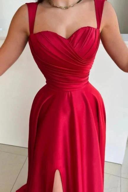 Vintage Long Red A-line Satin Pleated Sleeveless Prom Dress with Slit by misshow.com