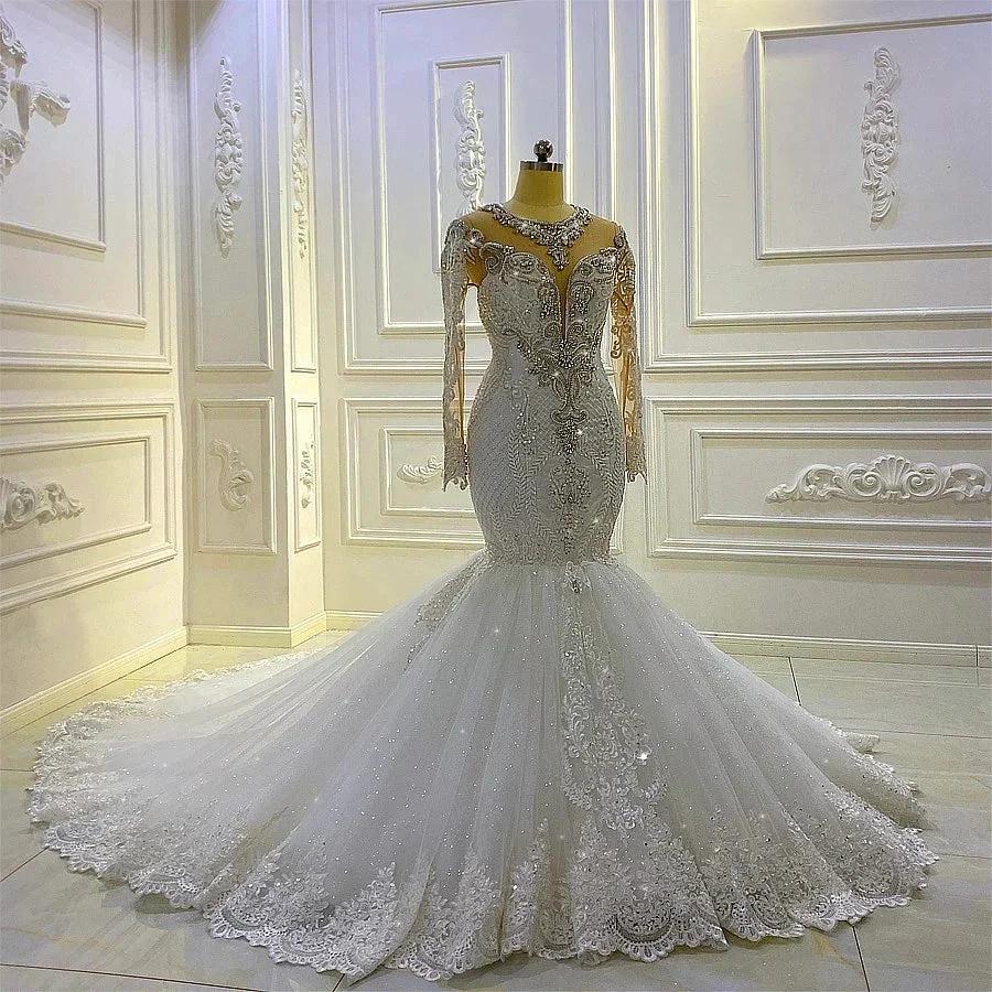 Vintage Long Sleeve Appliques Lace Beading Sequins Mermaid Wedding Dress by BIZTUNNEL