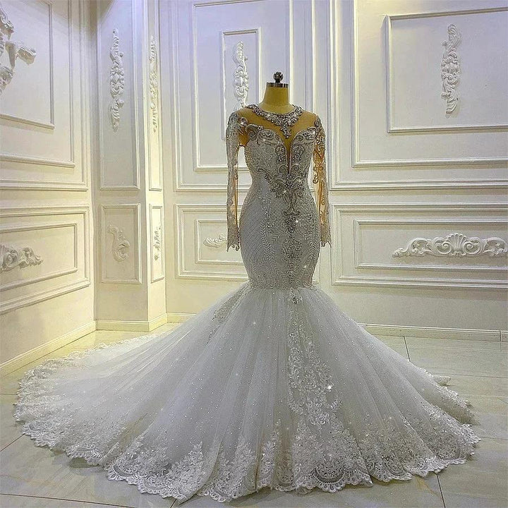 Vintage Long Sleeve Appliques Lace Beading Sequins Mermaid Wedding Dress by BIZTUNNEL