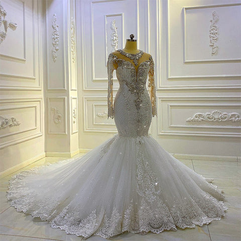 Vintage Long Sleeve Appliques Lace Beading Sequins Mermaid Wedding Dress