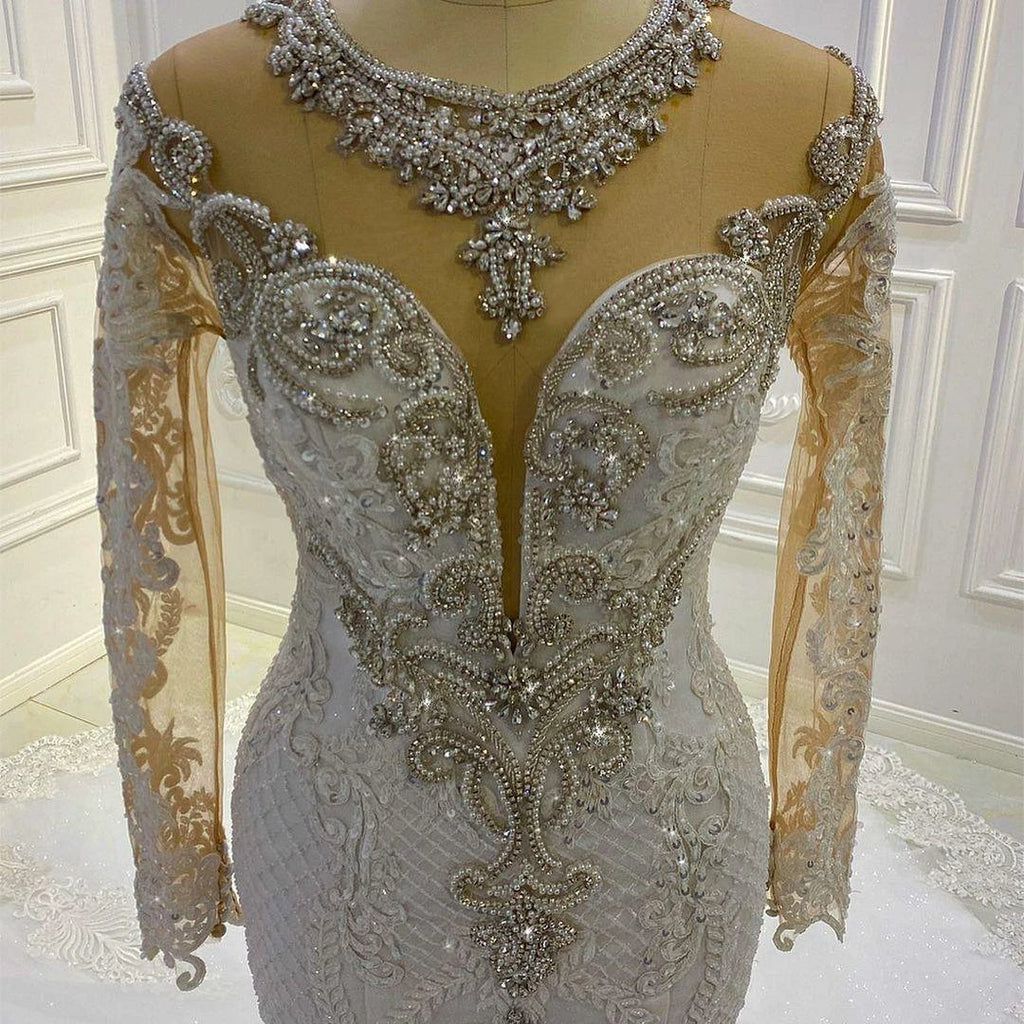 Vintage Long Sleeve Appliques Lace Beading Sequins Mermaid Wedding Dress by BIZTUNNEL
