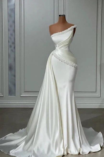 Vintage Long White One Shoulder Sleeveless Wedding Dresses With Beads by misshow.com