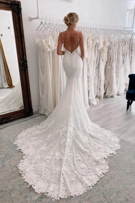 Vintage Long White V-neck Mermaid Lace Wedding Dresses by misshow.com