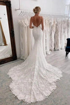 Vintage Long White V-neck Mermaid Lace Wedding Dresses by misshow.com