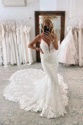 Vintage Long White V-neck Mermaid Lace Wedding Dresses by misshow.com