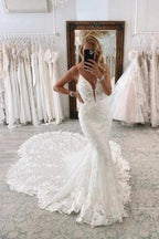 Vintage Long White V-neck Mermaid Lace Wedding Dresses by misshow.com