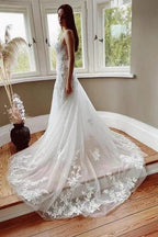 Vintage Mermaid V-neck Spaghetti Straps Lace Wedding Dresses With Train by misshow.com