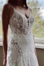 Vintage Mermaid V-neck Spaghetti Straps Lace Wedding Dresses With Train by misshow.com