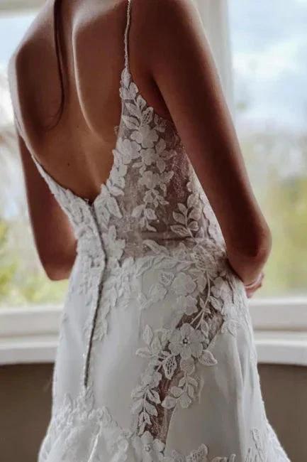 Vintage Mermaid V-neck Spaghetti Straps Lace Wedding Dresses With Train by misshow.com