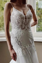 Vintage Mermaid V-neck Spaghetti Straps Lace Wedding Dresses With Train by misshow.com
