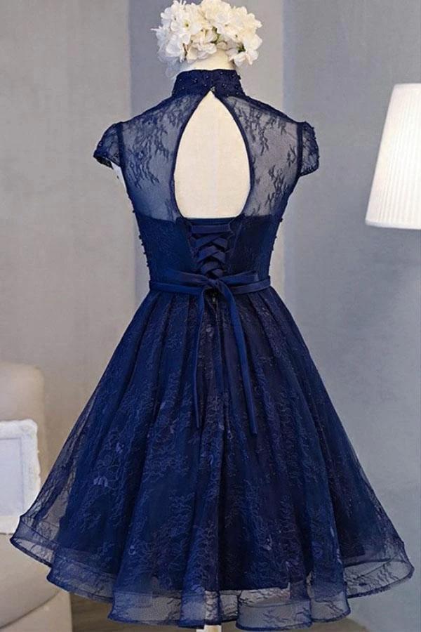 Vintage Navy Blue Cap Sleeves Homecoming Dress Party Dresses PD281 by pgmdress