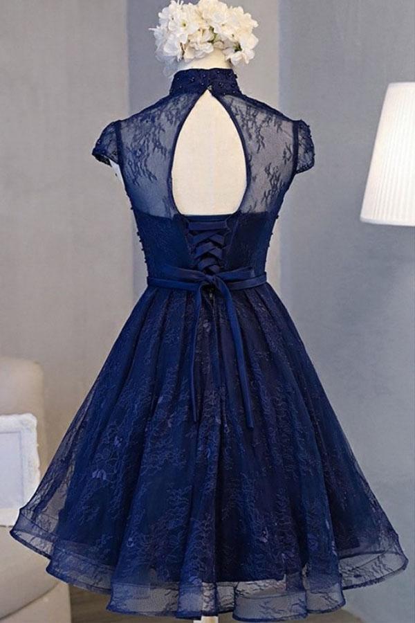 Vintage Navy Blue Cap Sleeves Homecoming Dress Party Dresses PD281 Main Image