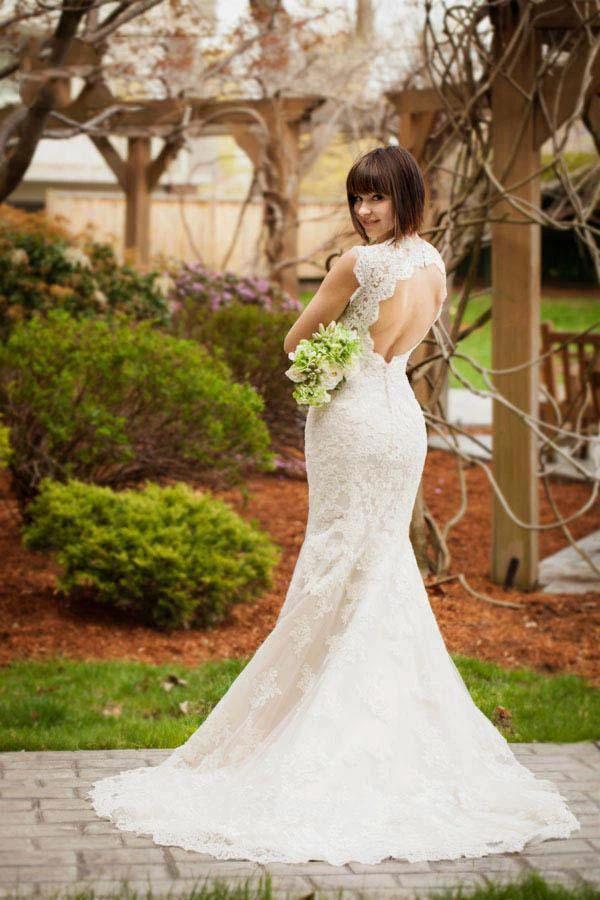 Vintage Quee Keyhole Winter Long Lace Mermaid Wedding Dress WD152 by pgmdress