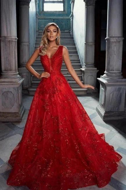 Vintage Red V-Neck Sleeveless A-Line Tulle Prom Dresses with Applique by misshow.com