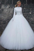 Vintage Satin High Collar Natural Waistline Ball Gown Wedding Dress WD190 by pgmdress