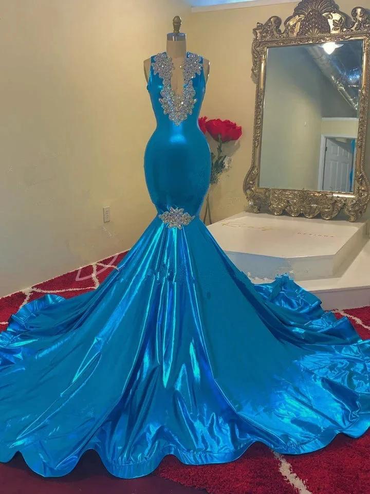 Vintage Sequins Appliques V-neck Sleeveless Floor-length Mermaid Prom Dresses by misshow.com