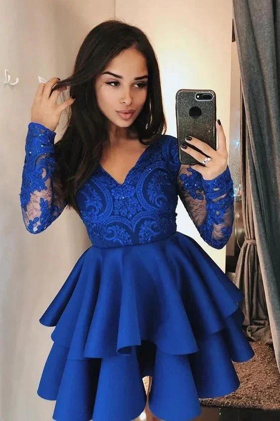 Vintage Short A-line V-neck Lace Satin Prom Dress With Sleeves by BIZTUNNEL