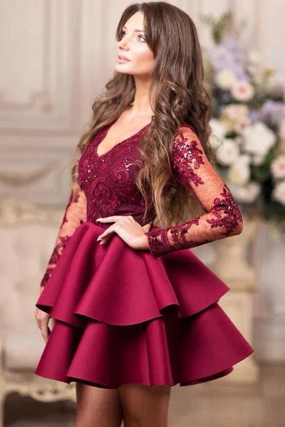 Vintage Short A-line V-neck Lace Satin Prom Dress With Sleeves by BIZTUNNEL