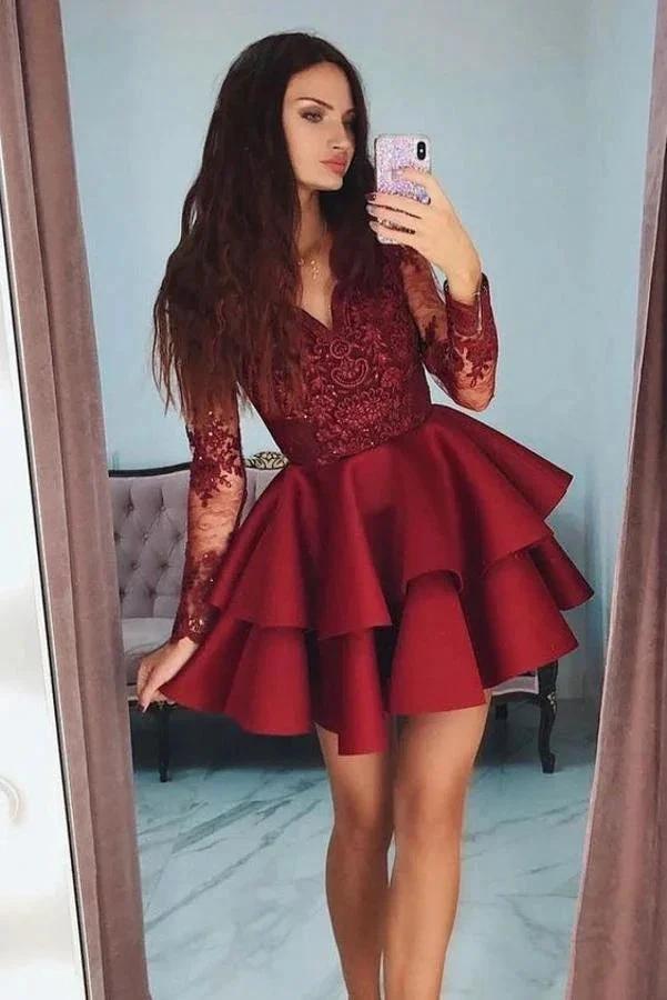 Vintage Short A-line V-neck Lace Satin Prom Dress With Sleeves by BIZTUNNEL