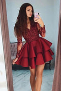 Vintage Short A-line V-neck Lace Satin Prom Dress With Sleeves by BIZTUNNEL