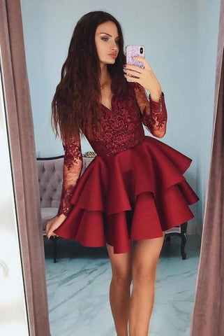 Vintage Short A-line V-neck Lace Satin Prom Dress With Sleeves