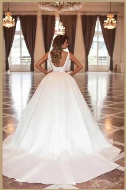 Vintage Simple Princess White Satin A-line Sleeveless Wedding Dresses by misshow.com