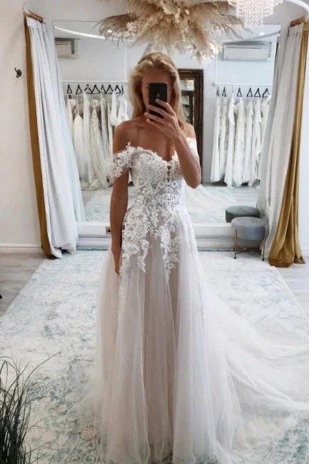 Vintage sweetheart off-the-shoulder cap sleeves a-line lace Wedding dress by misshow.com