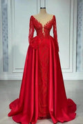 Vintage V-neck Lace Long Sleeves A-Line Prom Dresses Evening Gown by misshow.com