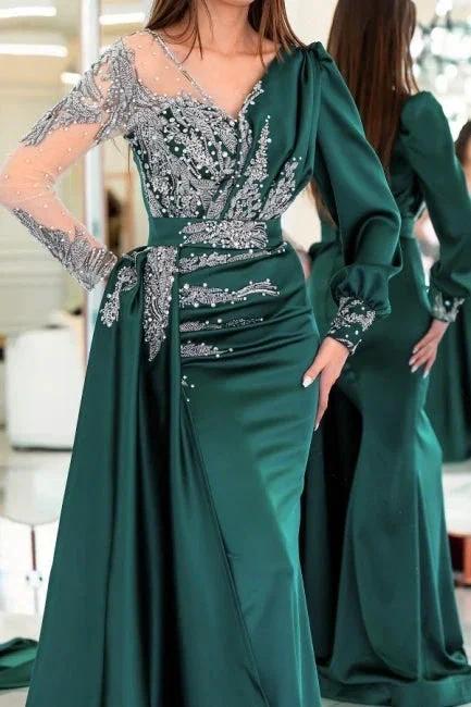 Vintage V-neck long sleeves column mermaid Prom dresses with ruffles by misshow.com
