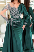 Vintage V-neck long sleeves column mermaid Prom dresses with ruffles by misshow.com