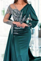Vintage V-neck long sleeves column mermaid Prom dresses with ruffles by misshow.com