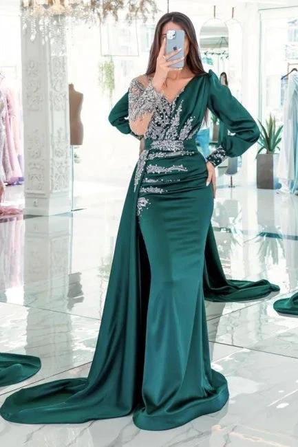 Vintage V-neck long sleeves column mermaid Prom dresses with ruffles by misshow.com