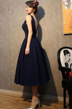Vintage V Neck Navy Blue Satin Homecoming Dresses Party Dresses PG183 by pgmdress