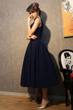 Vintage V Neck Navy Blue Satin Homecoming Dresses Party Dresses PG183 by pgmdress