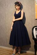 Vintage V Neck Navy Blue Satin Homecoming Dresses Party Dresses PG183 by pgmdress