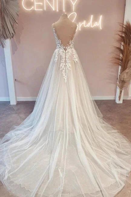 Vintage v-neck sleeveless a-line backless lace Wedding dresses by misshow.com