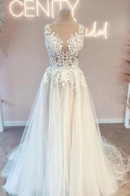 Vintage v-neck sleeveless a-line backless lace Wedding dresses by misshow.com